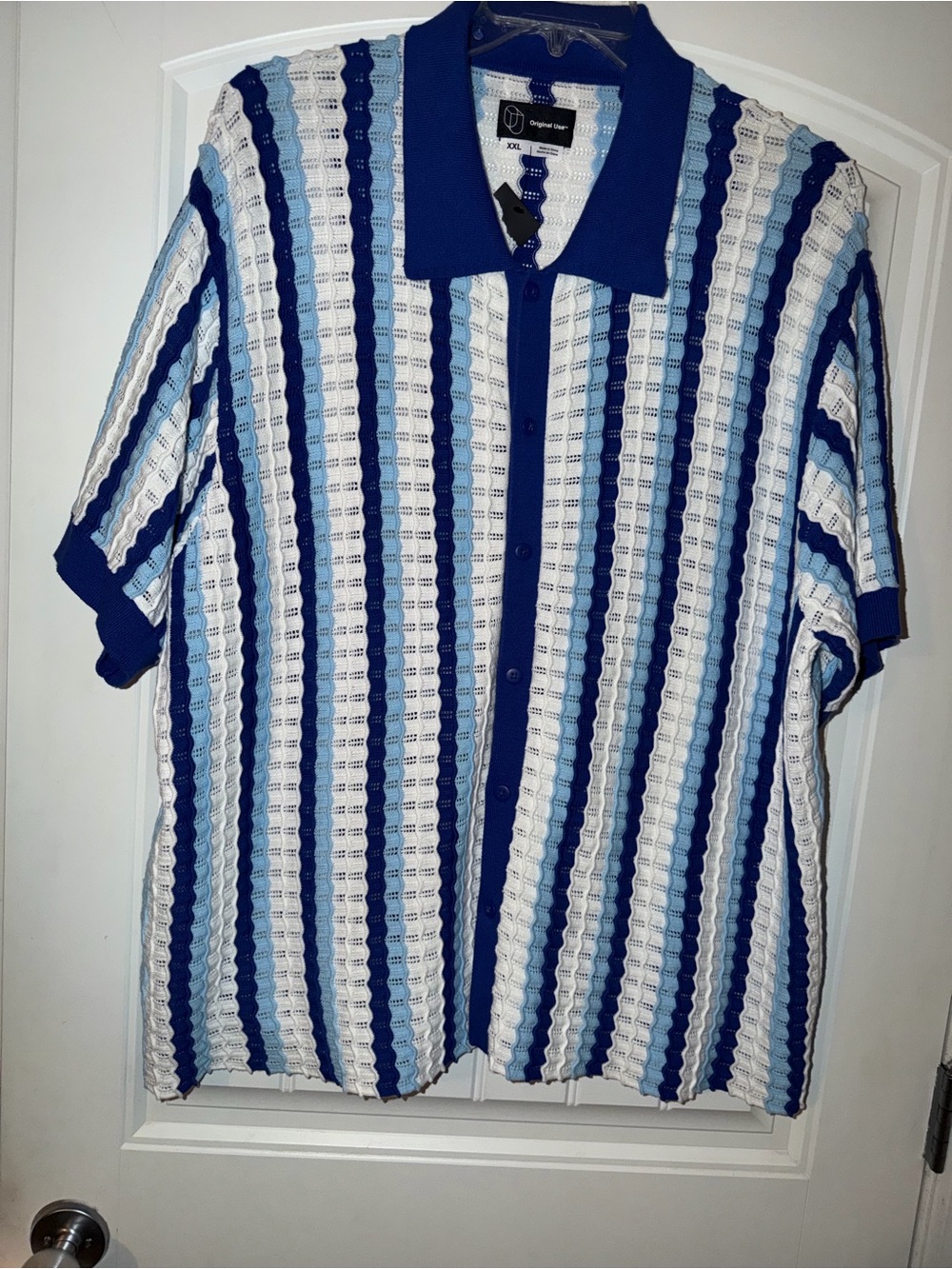 Men's Pointelle Short-Sleeve Knit Button-Up Shirt in Blue and White NWT